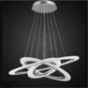 Rings Of Jupiter" Modern LED Chandelier with a design of intertwined white rings, suspended from a circular ceiling mount on thin cables, set against a dark background.