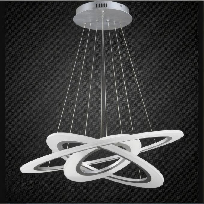 Rings Of Jupiter" Modern LED Chandelier with a design of intertwined white rings, suspended from a circular ceiling mount on thin cables, set against a dark background.