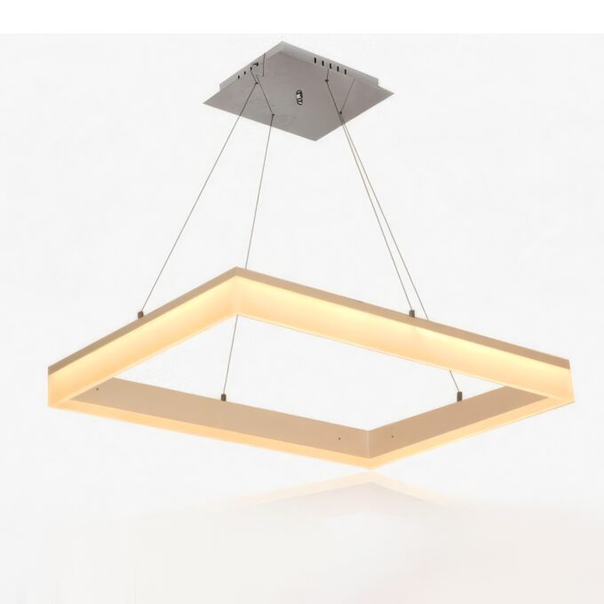 Modern square pendant light fixture with warm LED illumination.