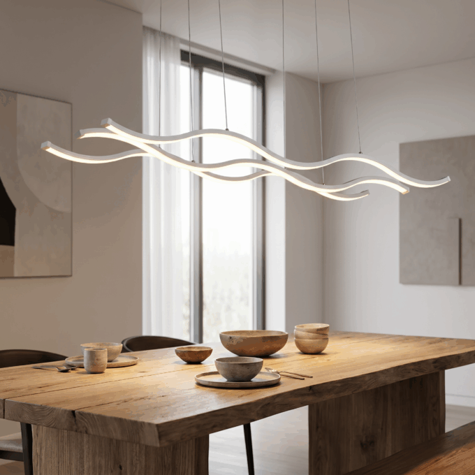 48aa5c00-9217-4511-9974-bd3e81b195d7 Modern dining room with a wave-shaped chandelier above a wooden table set for four, featuring ceramic dishes.