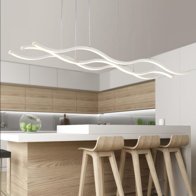 minimal-modern-3-wave-light-fixture Modern kitchen with stylish wave-design pendant lighting over island.