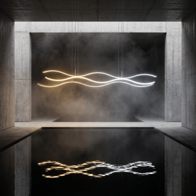 aca014f0-cc21-4561-90de-3a8ed08d7298 Modern abstract light fixture with wavy design reflected in water, set in a minimalist concrete space.