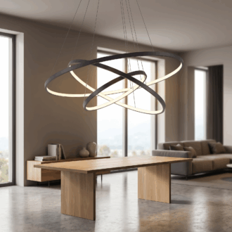Modern dining room with sleek wooden table, abstract chandelier, and large windows for natural light.