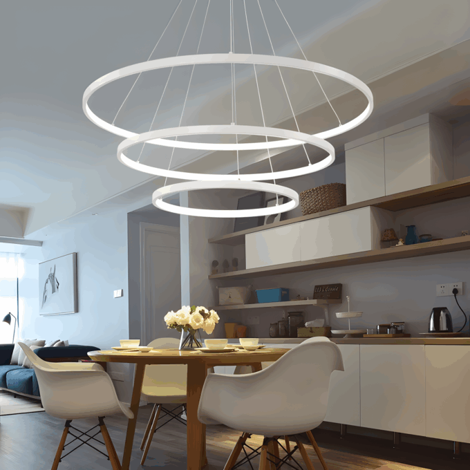 HTB1_xXoADtYBeNjy1Xdq6xXyVXag Modern dining room with circular pendant light and stylish decor.