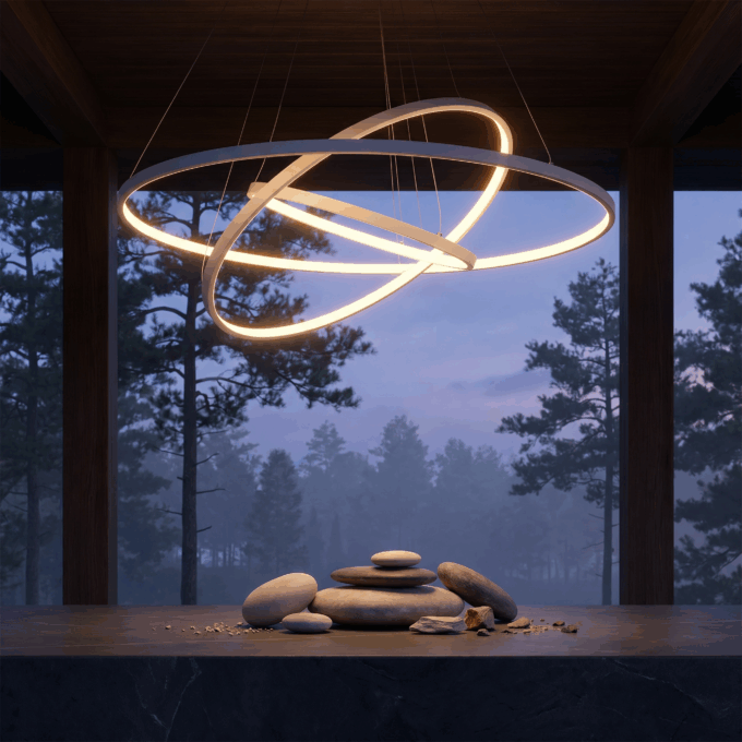 c83482cb-6ec8-4fd9-9c4f-36cb06607959 Modern circular chandelier illuminating a serene outdoor scene with stacked stones at dusk.