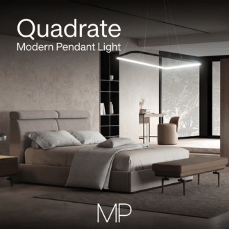 Modern bedroom with Quadrate pendant light, stylish bed, and sleek furniture design.