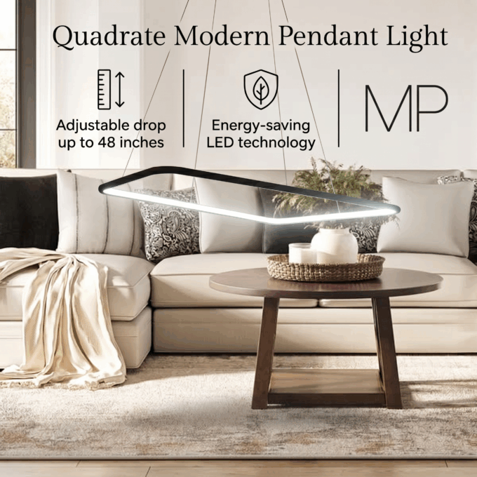Quadrate modern pendant light in cozy living room, adjustable and energy-saving LED technology.