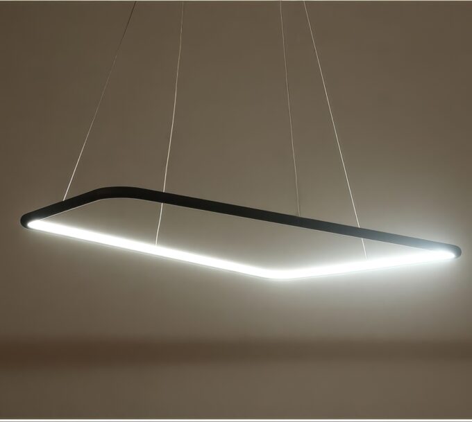 Modern LED pendant light fixture with a sleek design hanging from a ceiling.