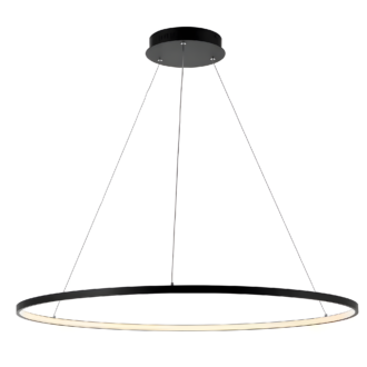 Modern minimalist black ring pendant light fixture with LED illumination, ideal for contemporary home interiors or office spaces.