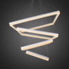 Modern geometric hanging pendant light fixture against dark background.
