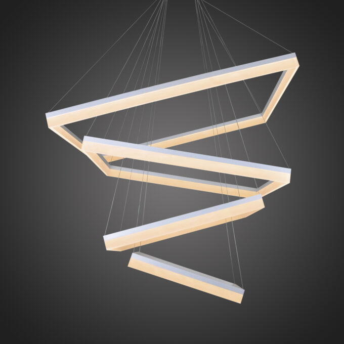 Modern geometric hanging pendant light fixture against dark background.