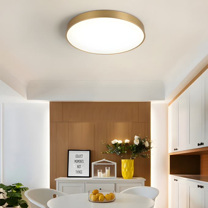 brushed gold ceiling light above dining room