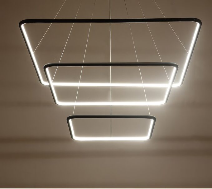 LC-011-AC14-S01-A- (13) Modern LED pendant lights in geometric shapes hanging from ceiling.