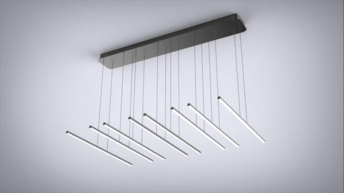 Modern suspended LED chandelier with linear design in a minimalist setting