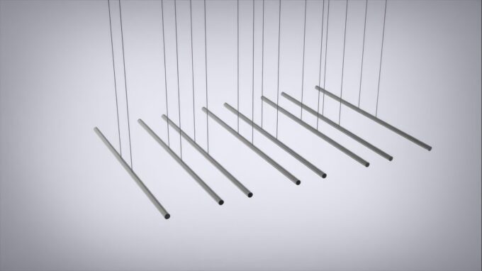 3D rendering of suspended metal rods in a diagonal arrangement.