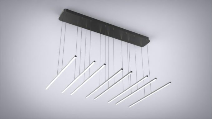 Modern hanging LED chandelier with linear design on grey background
