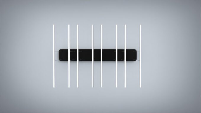 Minimalist black skateboard with white lines on a gray background.
