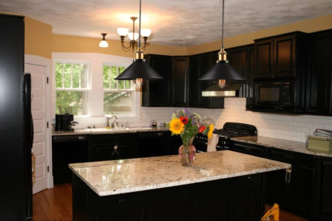s-l1600 (4) Modern kitchen with black cabinets, granite countertops, and pendant lights.