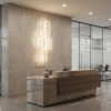 blocks_office_white Modern office reception with marble desk, abstract wall art, and glass meeting room in the background.