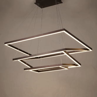 Modern geometric pendant light with three illuminated rectangular frames, suspended by cables.