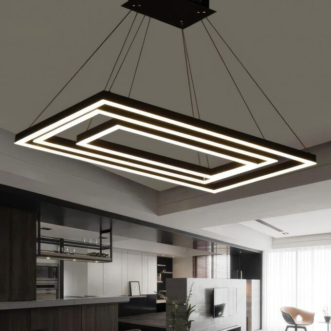 Rectangle-Modern-led-Dinning-Room-Suspension-Luminaire (1) Modern geometric LED pendant light fixture in a sleek kitchen.