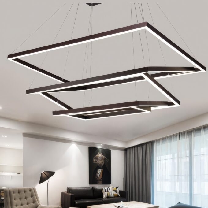 Rectangle-Modern-led-Dinning-Room-Suspension-Luminaire (2) Modern geometric LED pendant lights in a stylish living room interior.