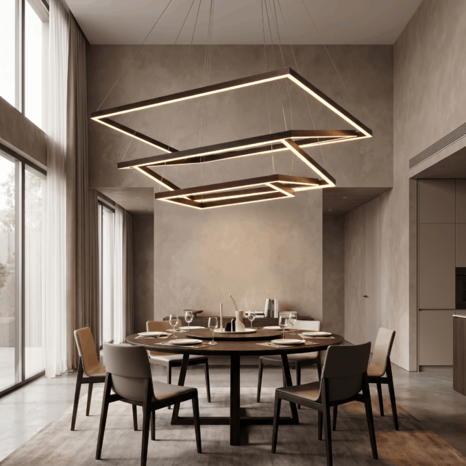 f2c22778-b85c-4235-8522-ec2365071cc6 Modern dining room with stylish pendant light, round table, and elegant chairs in neutral tones.