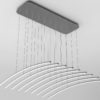 Modern LED pendant light with curved lines hanging from ceiling.