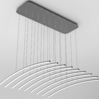 Modern LED pendant light with curved lines hanging from ceiling.