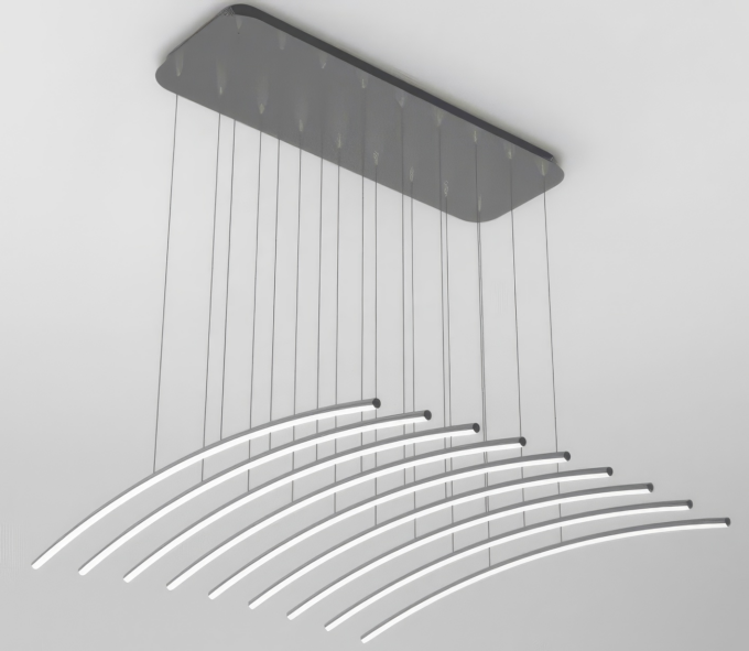 Modern LED pendant light with curved lines hanging from ceiling.