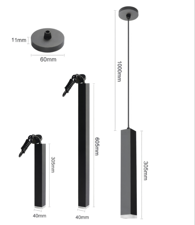 a1ff0a0ec84dd202e89ee30ecb84dd20 Adjustable pendant light dimensions display – ceiling mount and length options.