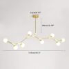 Modern gold branch chandelier with dimensions displayed on a gray background.