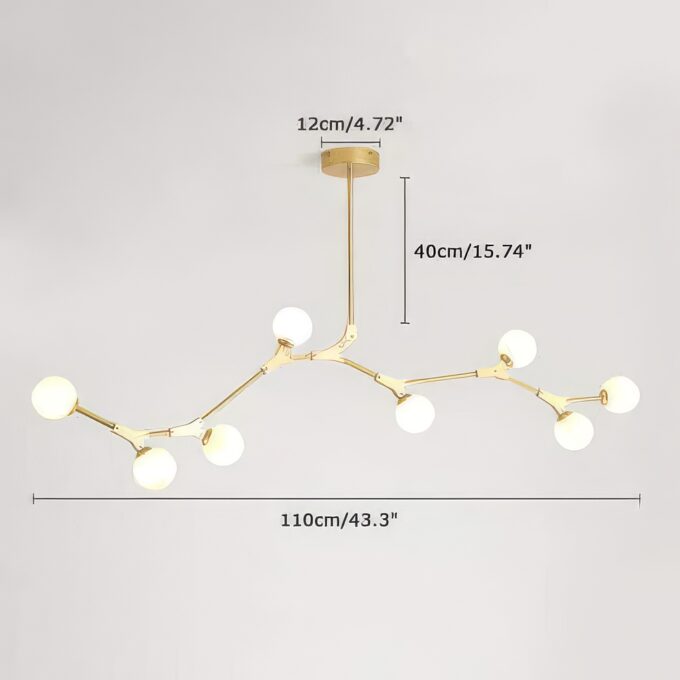 Modern gold branch chandelier with dimensions displayed on a gray background.