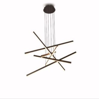 Modern black linear pendant light with unique geometric design.