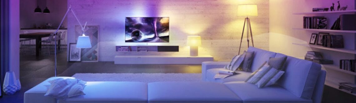 Modern living room with LED lighting and minimalist furniture design.