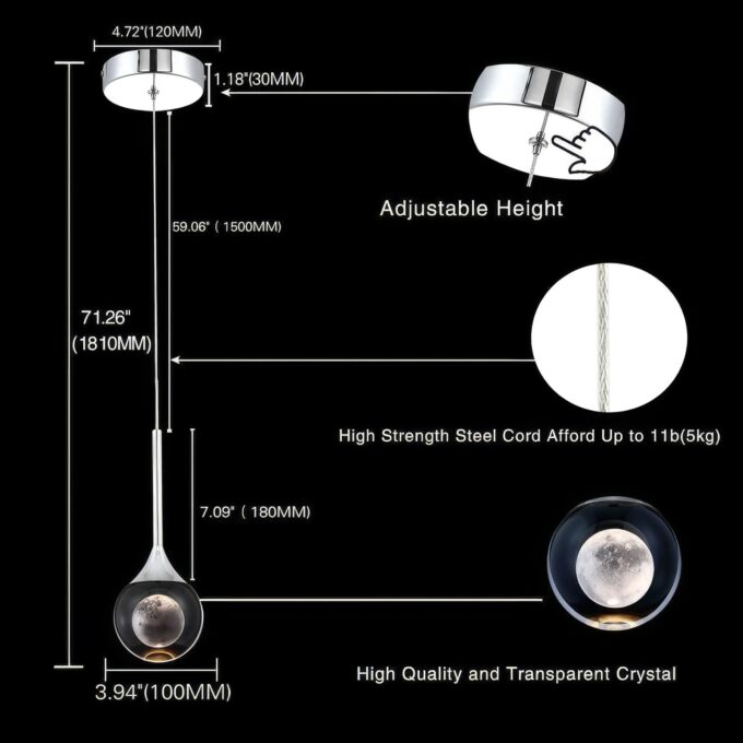 51-JjEFZACL._AC_SL1000_ Modern pendant light with adjustable height and detailed dimensions showing crystal design.
