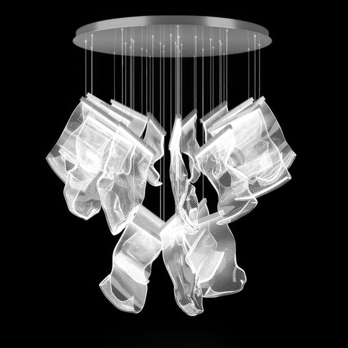 2 Abstract modern crystal chandelier on dark background.