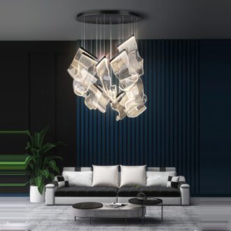 Modern living room with chic sofa and unique hanging light fixture.