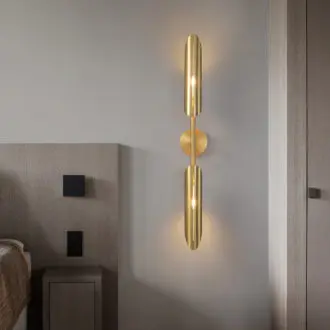 Modern gold wall sconce lighting in a contemporary bedroom setting.