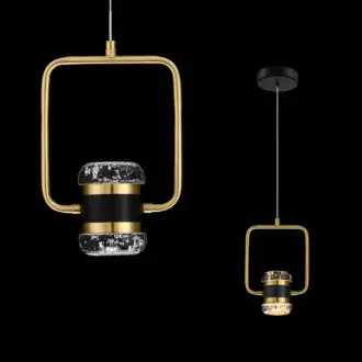 Modern gold pendant lights against black background