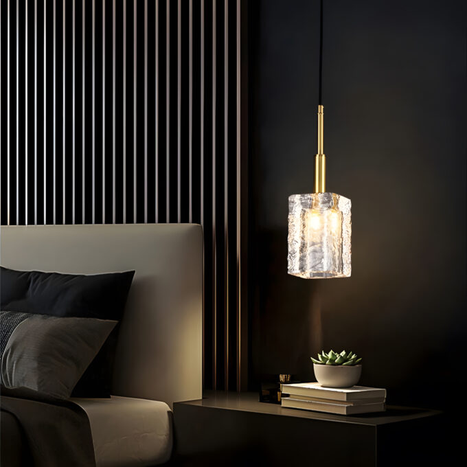 crystal-gold-square-pendant-light (4) Elegant bedroom with modern pendant light above bedside table.