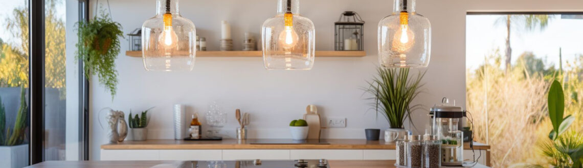Modern kitchen with pendant lights and spacing & sizing guide text.