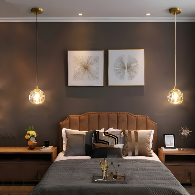 5 Stylish modern bedroom featuring elegant pendant lights, abstract wall art, and a cozy bed with chic decorative pillows.