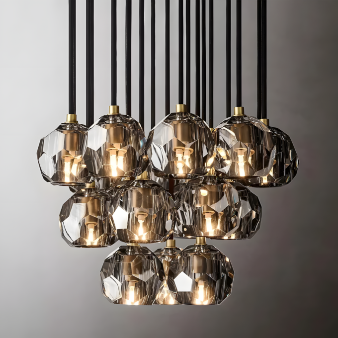 small (5) Modern pendant chandelier with multiple faceted glass lampshades and warm LED bulbs, creating stylish and elegant lighting.