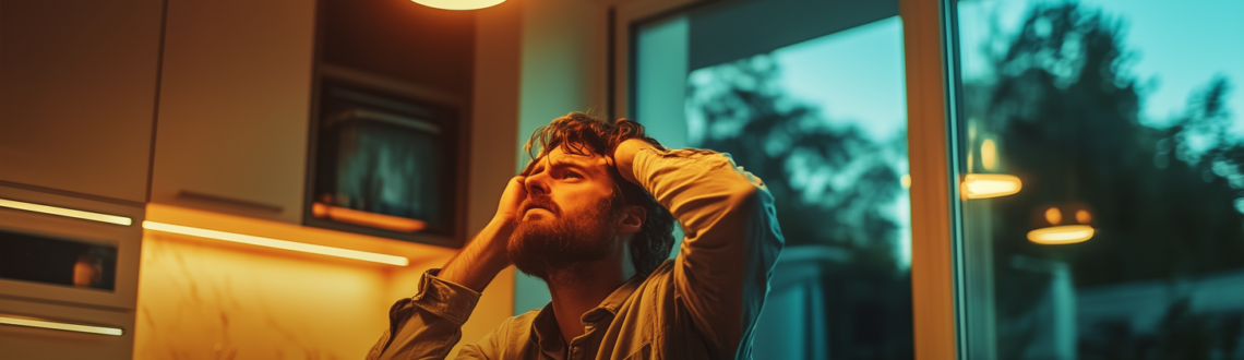 Man frustrated in dimly lit room, lights flickering. Text: Lights Turning On and Off: Troubleshooting Tips.