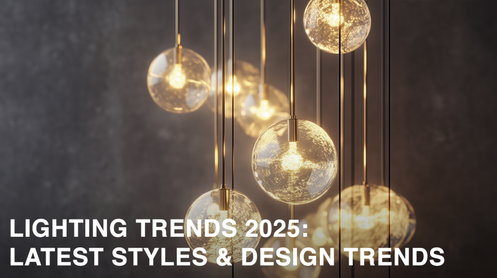 Modern hanging glass lights showcasing 2025 lighting trends with text on latest styles and design trends.