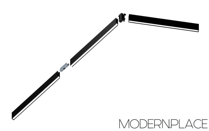 Luma_Linear_Office_Pendant_Light (6)_small Exploded view of modern linear LED light fixture assembly components with mounting parts.