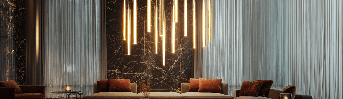 Modern living room with stepless dimming light fixtures, elegant sofas, and sheer curtains for a cozy atmosphere.
