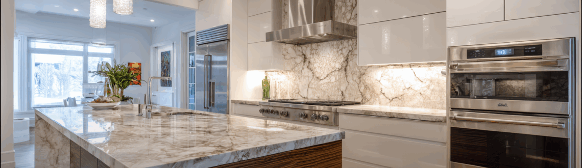 Modern kitchen with marble island, stainless appliances, and pendant lights. Text: Why Your Kitchen Still Looks Dark.