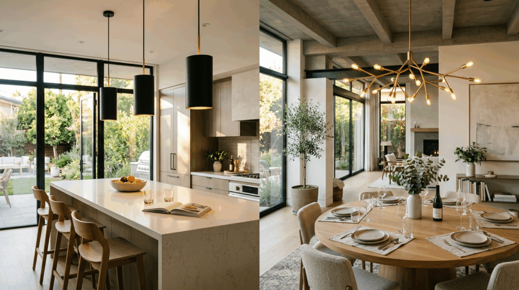 Modern kitchen and dining area with large windows, minimalist décor, and stylish lighting fixtures.